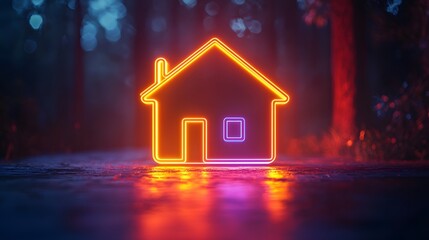 Glowing neon house icon against a blurred background