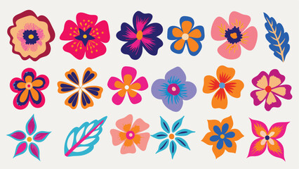 Assortment of colorful floral illustrations with various petal shapes and leaf designs on white background