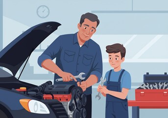 Car Repair Father and Son Working Together