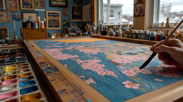 Artists hand painting a detailed landscape scene with pink blossoms. Evokes creativity, passion, focus, and the joy of art. Ideal for creative industries, blogs.