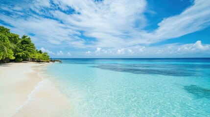 Idyllic turquoise beach with soft sand, lush foliage and scenic blue sky scenery