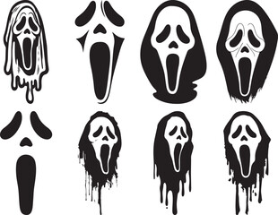 Ghostface Silhouette Set Featuring Eight Stylized Variations of Iconic Horror Mask in Black Vector Design
