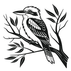 Kookaburra bird elegantly rests among branches in this striking black and white artwork