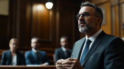 A lawyer gives a compelling speech to the jury in a courtroom, advocating for his client. His strong arguments aim to win the case.