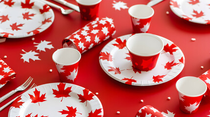 A festive canada day table setting with maple leaf themed plates cups and cutlery on a red background