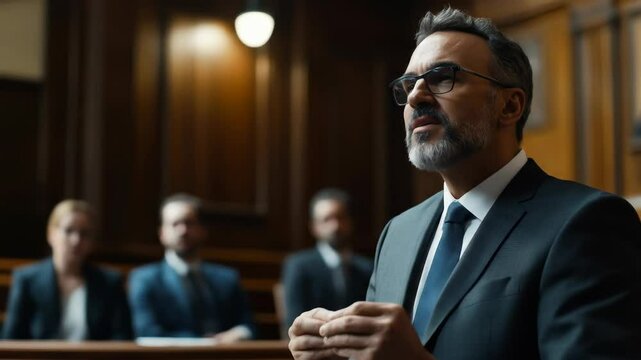 A lawyer gives a compelling speech to the jury in a courtroom, advocating for his client. His strong arguments aim to win the case.