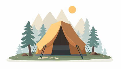 Camping Tent in Nature Scene with Trees and Mountains Illustration