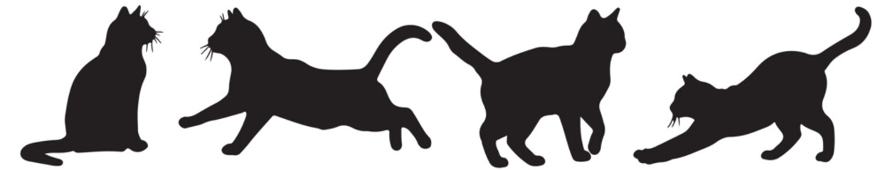 Dancing Shadows: Captivating row of black cat silhouettes in motion. These vector illustrations on white, offering designers a versatile visual asset for various projects.