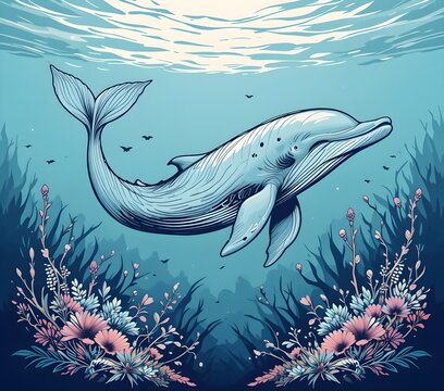 Gr&aacute;fico moderno de una ballena jorobada bajo el oc&eacute;ano con detalles de corales y plantas marinas rodeandola. Tonos azules profundos y contrastes marcados, perfecto para una sudadera con un toque art&iacute;s