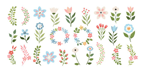 Collection of watercolor flowers and floral wreaths in pastel colors on a white background for decoration