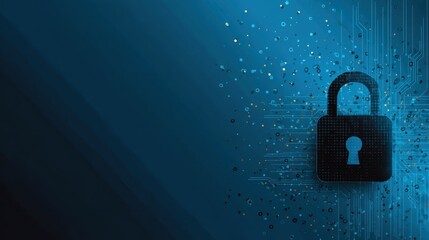 Abstract digital padlock graphic on a dark blue background with circuit lines and data particles