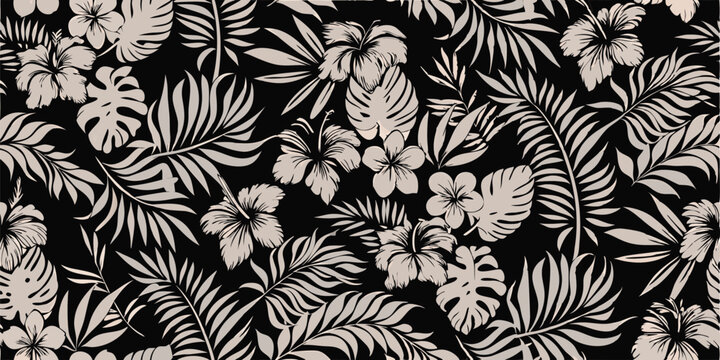 A dense arrangement of white tropical foliage and hibiscus flowers on a black background creates a pattern