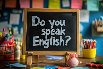 English class for children. Chalkboard on the table in the primary school classroom.