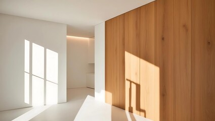 Accent wall with warm wood laminate panels adding cozy contrast to minimalist white decor under bright soft lighting
