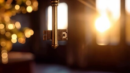 Vintage golden key hangs, blurred lights glimmer in background, festive atmosphere, antique design, and symbolic object for a new beginning - Powered by Adobe
