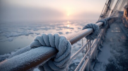Obraz premium Frozen Rope and Railing on a Ship in Winter