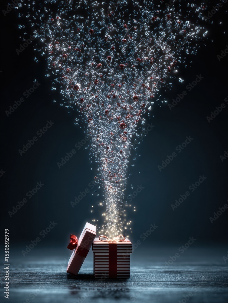 Poster gift box overflowing with digital mist symbolizing phishing threats in a darkened environment