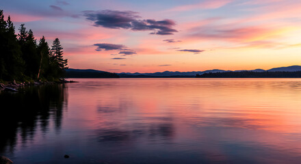 Fototapeta premium Sunset Reflections on Tranquil Lake 