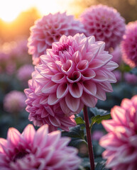 High resolution macro of pink dahlia bloom glowing gently under afternoon golden garden sunlight aesthetic floral photography for wallpaper background © diah