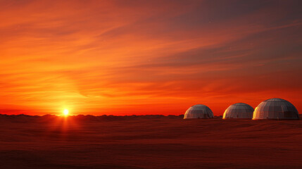 Obraz premium Stunning space exploration scene featuring futuristic domes Martian landscape during sunset, evoking sense of wonder