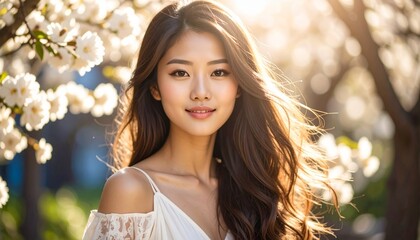 風になびくロングヘア / 太陽の光と女性の微笑み / 華やかなヘアスタイル