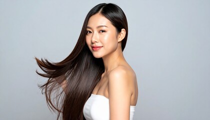 美しい艶髪の女性 / ストレートヘアの輝き / 健康的な髪と笑顔