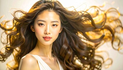 風になびくロングヘア / 太陽の光と女性の微笑み / 華やかなヘアスタイル