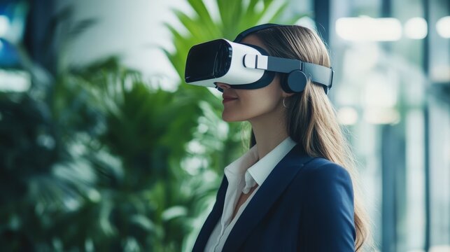 Woman Wearing Virtual Reality Headset In Office Environment