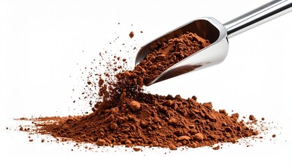 Cacao Powder Scoop Pouring Brown Powder Pile Isolated on White Background.