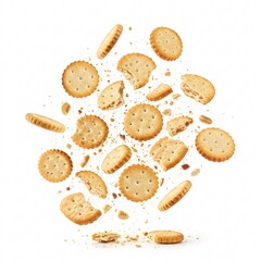 Round crispy crackers, falling, creating an appetizing and dynamic snack image,
