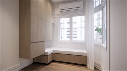 Modern minimalist interior corner featuring a tall light-wood cabinet with sleek design and multiple storage compartments, adjacent to a built-in bench with neutral-toned cushion, large white-framed w