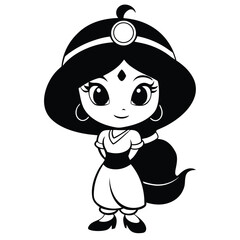 Monochrome art features a smiling cartoon Arab princess in traditional clothing and jewelry