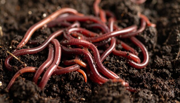 Red Wiggler Worms in Rich Dark Soil Close Up.