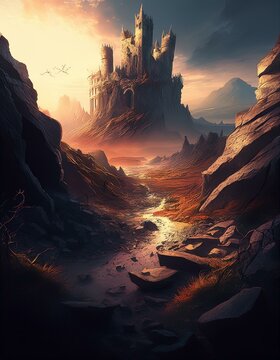 Verlassene d&uuml;stere Fantasy-Burg in wilder Gebirgslandschaft bei Sonnenuntergang