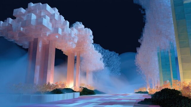 Lush voxel flora blooms in the popup park design accompanied by ethereal strands of particle fog that weave through the scene adding layers of complexity and visual intrigue.
