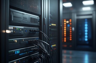 Dark Data Center Server Rack With Cables And Lights