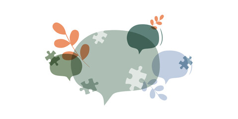 Chat bubbles with puzzles and floral elements.