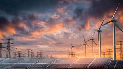 Wind Turbines And Solar Panels At Sunset Landscape