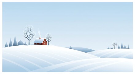 Lonely Farmhouse on Snowy Hilltop Winter Illustration
