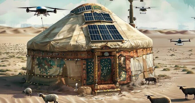 A yurt equipped with solar panels stands in a sunny desert, showcasing sustainable off-grid living.