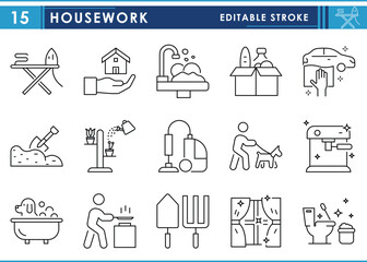 A set of line icons related to Housework. House, work, clean, cook, wash, and so on. Vector editable stroke.