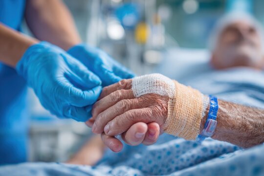 A comforting hand in a hospital room: Close-up of a nurse holding a patient's hand, offering support and care during recovery, with empathy and professional medical attention.