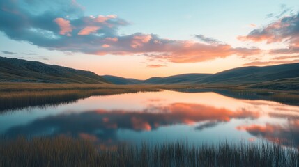 Fototapeta premium Mirror of the Sky: Serene Lake Reflecting Sunset Hues and Distant Landscape