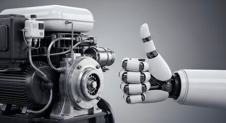 Mechanical Engine And Robotic Hand Giving A Thumbs Up Gesture In Monochrome Studio