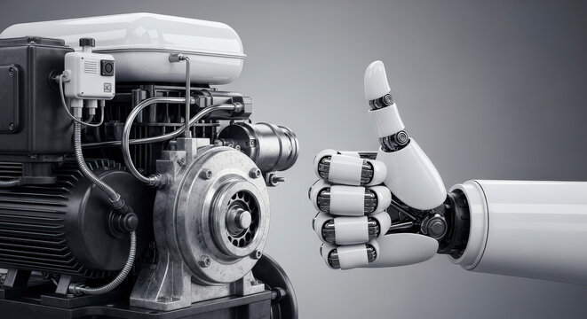 Mechanical Engine And Robotic Hand Giving A Thumbs Up Gesture In Monochrome Studio