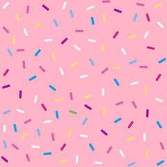 Donut sprinkles confetti retro sweet candy background. Cute pink dessert decoration colorful sprinkle elements. Birthday, party