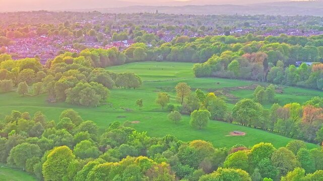 Aerial: Heaton Park with trees and forest at sunset in Prestwich, Manchester, England, crane up drone shot