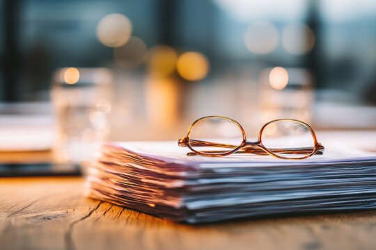 Close-up of reading glasses perched atop a stack of books on a wooden table, evoking the ambiance of a library setting with a warm, inviting feel.