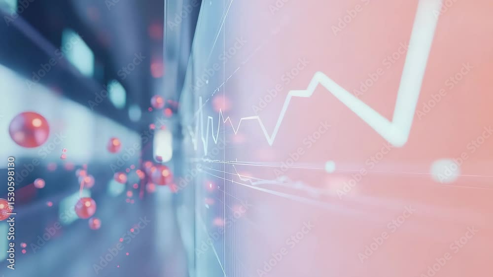 Poster A digital graph with data lines and floating pink spheres illustrates futuristic analytics and technology.