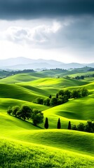 Fototapeta premium Rolling green hills, Tuscany landscape, storm clouds, travel poster